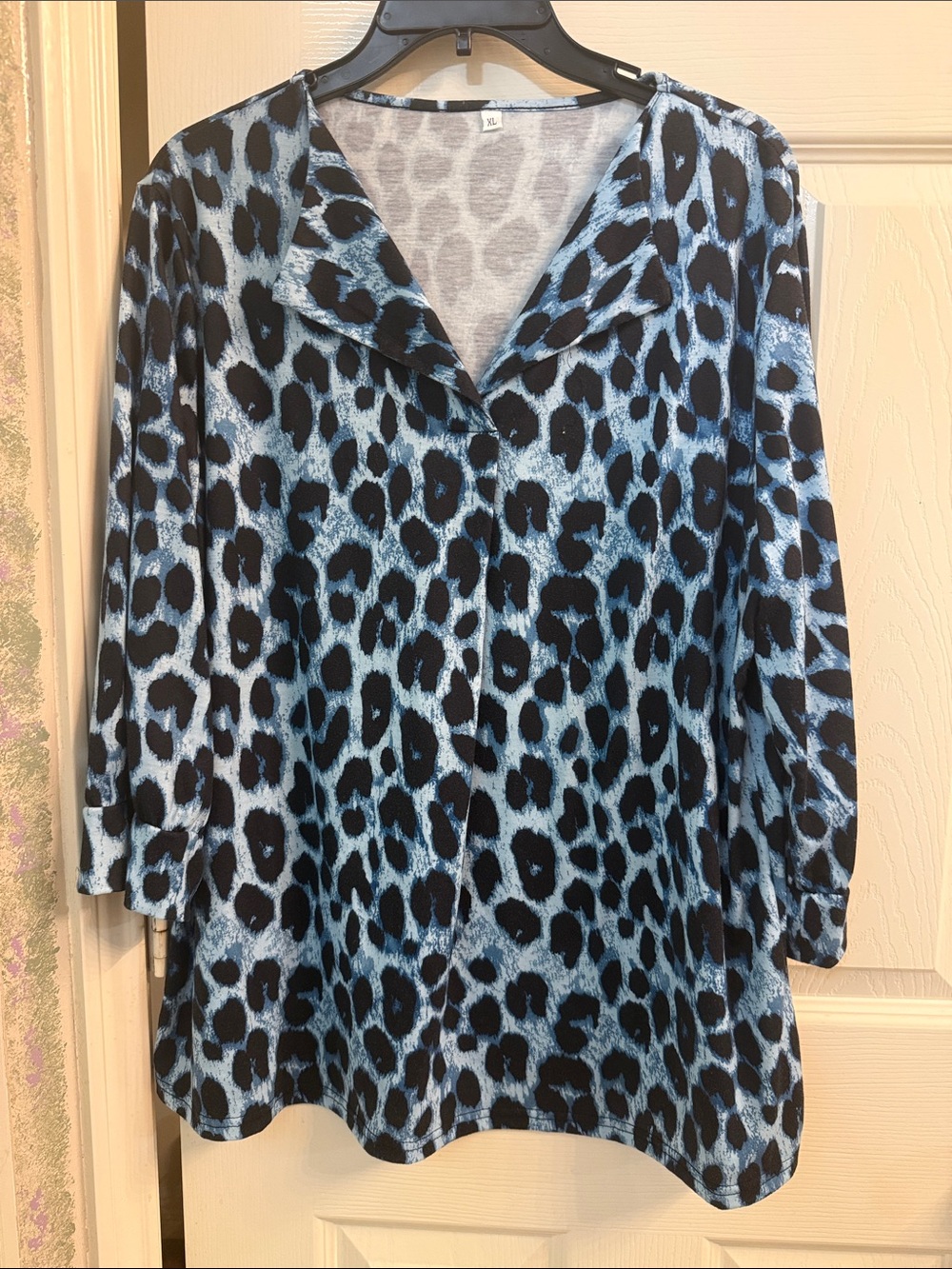 Relaxed Blue Leopard-Print V-Neck Tunic Top